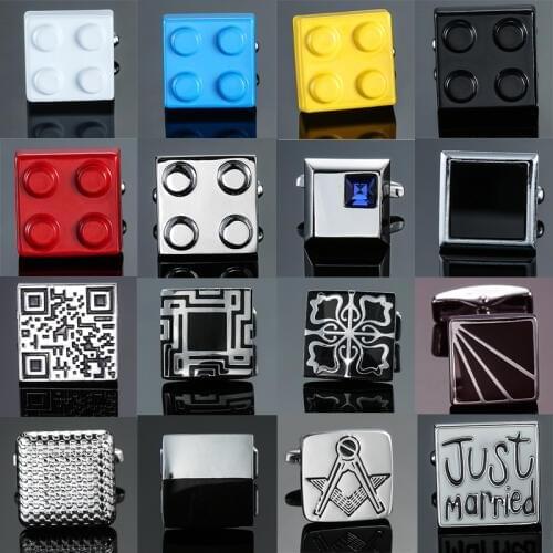 High-end mens jewelry luxury Cuff links design square blocks pattern laser engraving Blue Crystal Mens French shirt Cufflinks