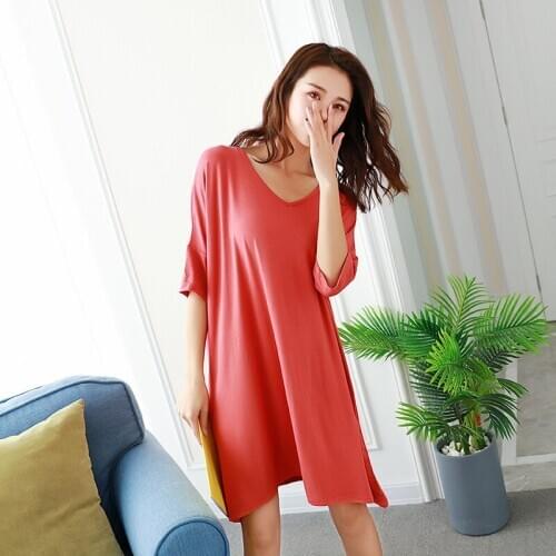 Women Modal Girls Pregnant Nightwear Ladies Sleepshirt Summer Short Sleeve V-neck Loose Long Red Nightgowns Plus Size Sleepwear