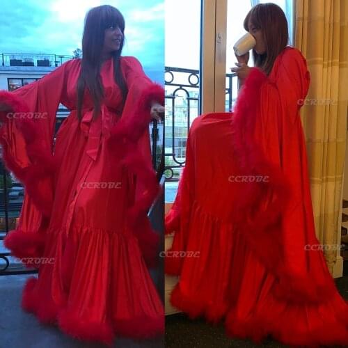 Womens Sexy Feather Robe Wedding Boudoir Bridal Sleepwear Nightgown Long Silk Satin Illusion Bathrobe Lingerie Dressing Gown