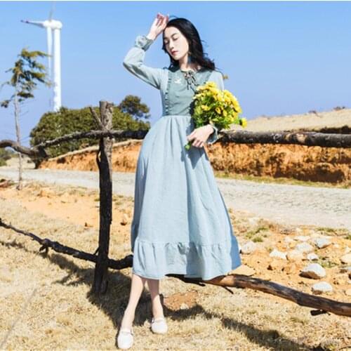 Fairy Embroidered Sweet Retro Dress Blue Femme Autumn Trumpet Sleeve Bowknot V-neck Elegant Dresses for Women Home Party Vestido