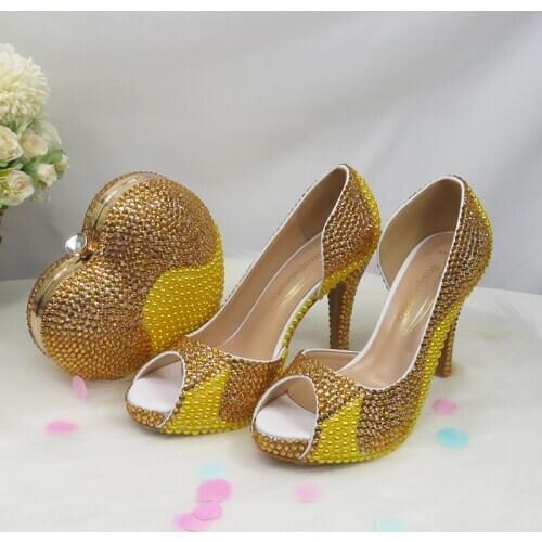 BaoYaFang Gold Women wedding shoes with bags bride High heels platform shoes Ladies Party shoes heart purse Day clutches Pumps
