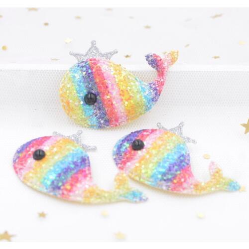 6Pcs Upscale Glitter Iridescence Fabric Padded Patches Cartoon Whale Stick-on Crown Appliques for DIY Hair Clip Bow Ornament S11