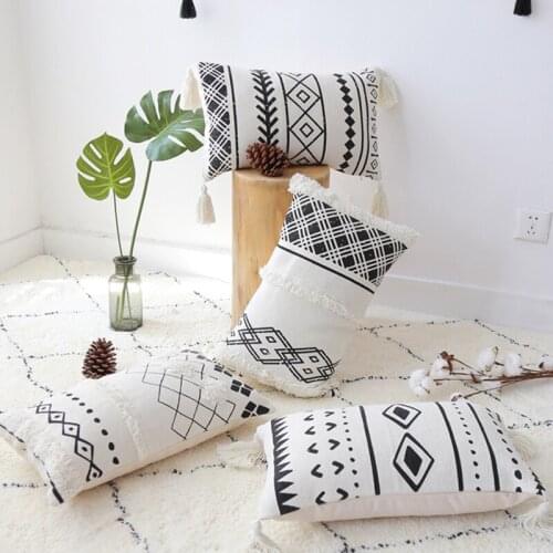 White Black Geometric Cushion Cover Moroccan Style Tassels Rectangle Pillow Cover for Home Decoration Sofa Bed 30x50cm