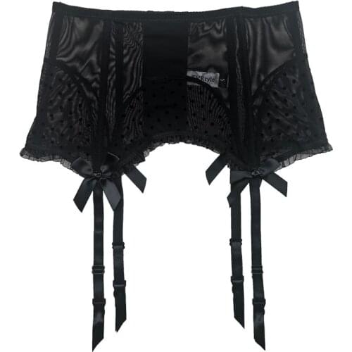 Black Polka Dot Gauze Bowknot 4 Fishbones Metal Buckle High Waist Womens Garter Belt for Stockings Sexy Lingerie Gift S514