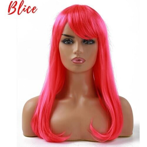 Blice Long Straight Synthetic Pink Color With Bang 20 Inch Natural Headline Heat Resistant Hair Cosplay Party Wigs For Women