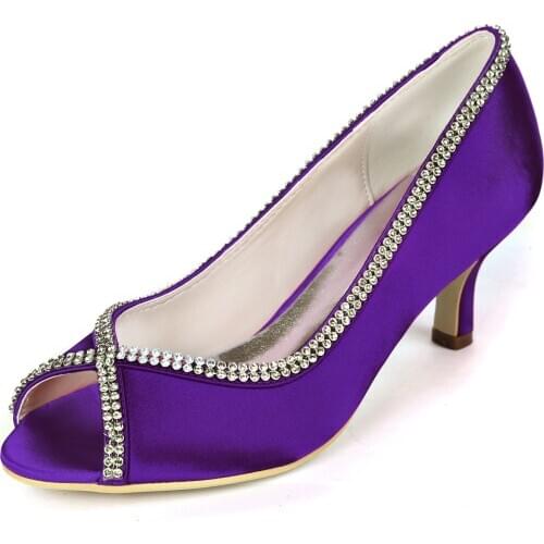 Elegant 2 inches kitten heels open toe satin evening dress shoes crystal rhinestone bridal wedding party prom cocktail pumps