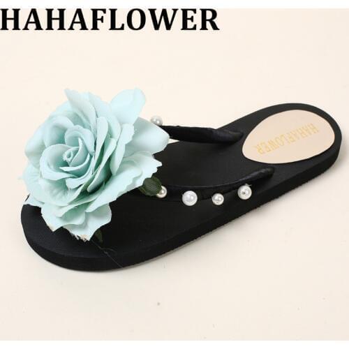 HAHAFLOWER 2017 New Summer Womens Sandals New Shoes Woman Flip Flops Green Rose Flower Sandals Beach Slippers Flat shoes