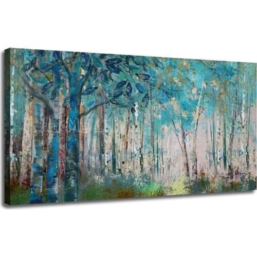 Oil Painting Wall Art Blue Tree Forest Landscape Abstract Painting For Home Office Living Room Bedroom Decoration