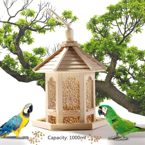 Bird Feeder Hanging For Garden Yard Table Decoration Hexagon Shaped With Roof Suction Alimentador House Bird Feeder Wood Decor