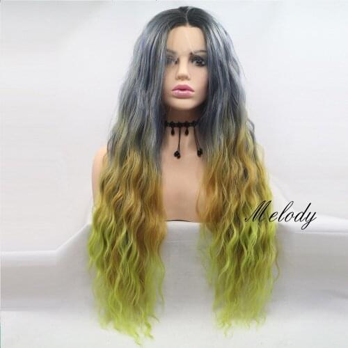 Melody Deep Curly Long Ombre Green with Gray Roots Wavy Wig Synthetic Lace Front Wig Replacement Wig for Women Cosplay
