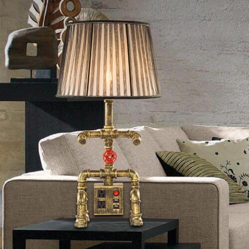 Retro Iron Water Pipe Desk Lamp reading lamp art deco. Robot-shaped Table lamp with socket function and USB charging port