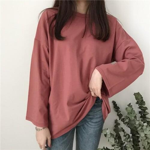 Harajuku Solid Loose Long Sleeve T-shirts Women Sweet Candy Colors T Shirt Korean Style Simple Designed Womens Fashion Tees Tops