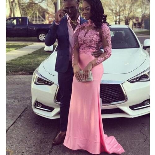 African Nigeria vestidos de gala Mermaid Prom Dresses Lace Appliques Long Sleeve Formal Evening gowns prom Dress 2019 High Neck
