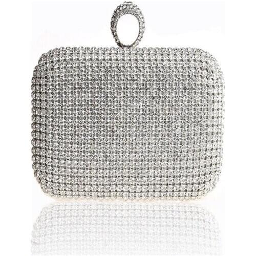 Super Luxury Popular Women Full Diamond Finger Ring Evening Bags Clutch Purse Bling Bag Gold/Silver/Black color handbag WY81