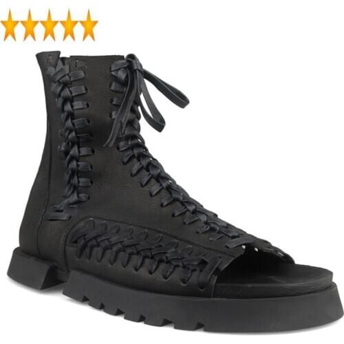 High Gothic Mens Lace Up Top Summer Luxury Genuine Leather Gladiator Shoes Male Harajuku Open Toe Thick Platform Sandals