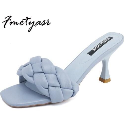 Women Sandals Hoof Heels Weave High-heeled Shoes Square Peep Toe PVC 2021 Summer New Slip-on Pumps Casual Thin Heels