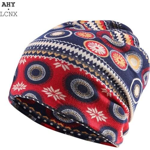 2021 Casual Fashion Women Winter Autumn Beanies Skullies Ladies Hat Scarf Double Used Cotton Hat Warm Printed Hats Brand Bonnet