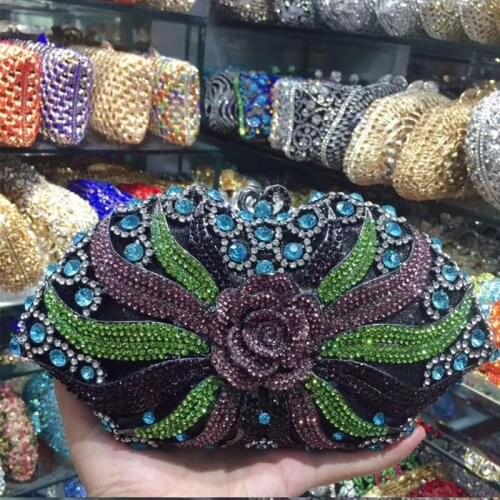 Blue/Purple/Green Flower Diamond Purse Black Handbags New Fashion Women’s Crystal Rhinestone Clutches Lady Small Prom Party Bags