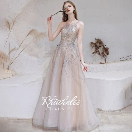 Modest Spaghetti Strap Dubai Evening Dresses Sleeveless Sexy Backless Champagne Evening Gowns Long Rhiahnlee
