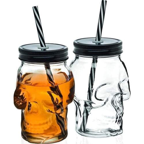 Skull Glass Mason Jar Mug Tumbler Cup With Lids And Straw Skull Face Glass Wide Mouth Mason Jar Drinking Glasses Single jar 16oz