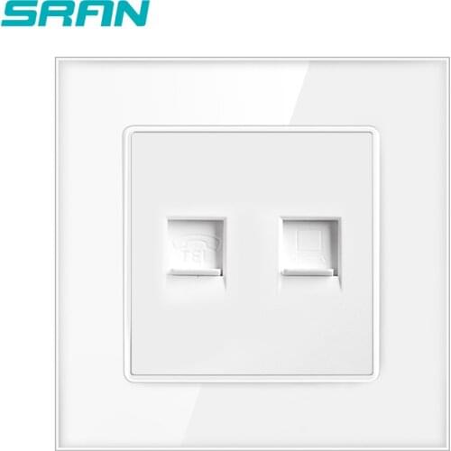 SRAN Telephone and Internet wall socket, CAT5 Data RJ45 with RJ11 86mm*86mm Tempered glass panel white/black/gold A601-060