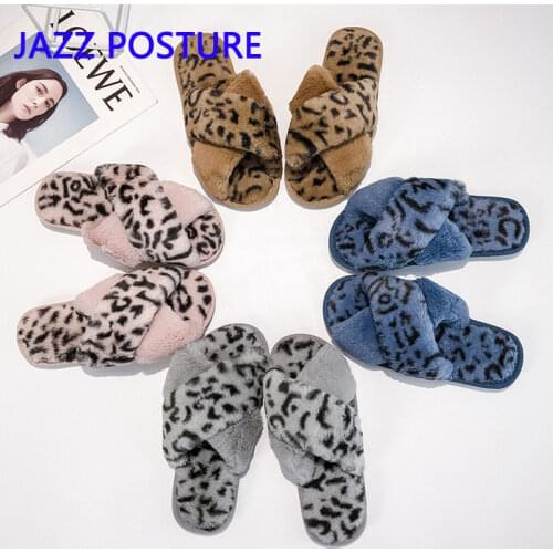 Faux fur winter ladies slippers fashion warm shoes suede womens flat slippers leopard womens slippers large size 41 q237