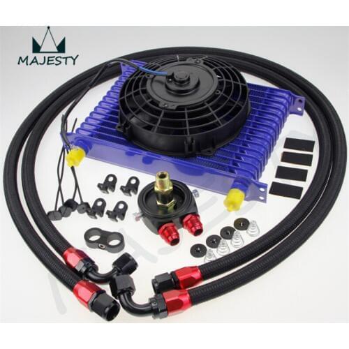 Universal 15 Row engine Transmission 10AN Oil Cooler kit +7" Electric Fan Kit BL