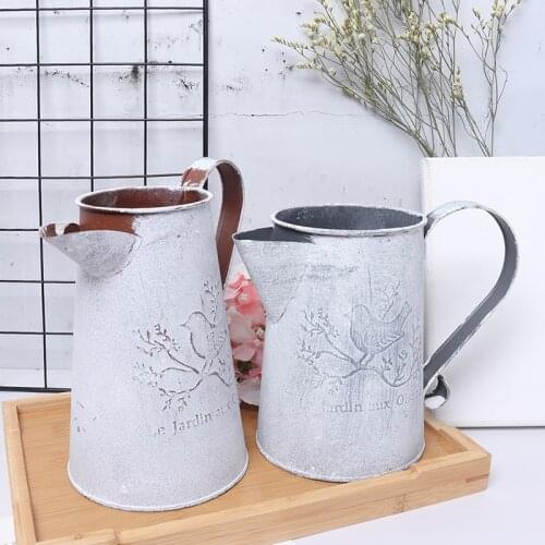 Garden Bird Print Easy To Store Shabby Iron Vase Galvanised Crafts Old Watering Pot Shape Vintage Home Decor Flower Eco Friendly