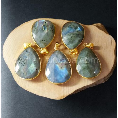 WT-P799 Faceted teardrop labradorite pendant with gold electroplated natual colors gold pendant for necklace handmade