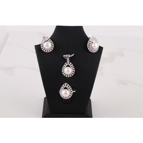 UM US JEWELRY Pearl Cubic Zirconia Rhodium Plated 925 Sterling Silver Triple Set