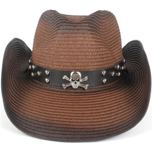 Women Men Hollow Western Cowboy Hat Lady Summer Straw Punk Shantou Sombrero Hombre Beach Cowgirl Jazz Sun Hat Size 57-59CM