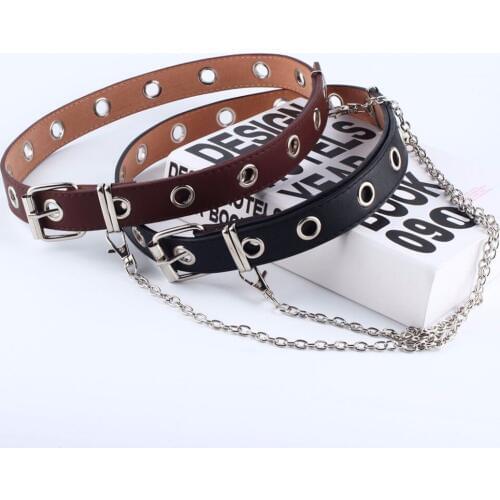Women Punk Chain Fashion Belt Adjustable Black Double/Single Eyelet Grommet Leather Buckle Belt