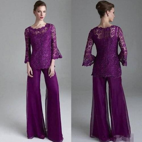 Purple Lace Mother Of The Bride Pant Suits Sheer Jewel Neck Long Sleeves Wedding Guest pantsuit Plus Size Mothers Groom Dreses