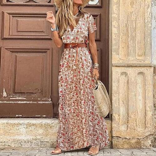 Boho Women Dress Paisley Print Large Hem Short Sleeve Slit Hem Maxi Dress with Belt for Work 2021 Womens New Dresses