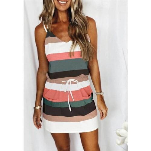 Women Casual Summer Dress Beach Mini Sundress Womens Dress Fashion Striped Color V-neck Drawstring Pocket Suspender Dress