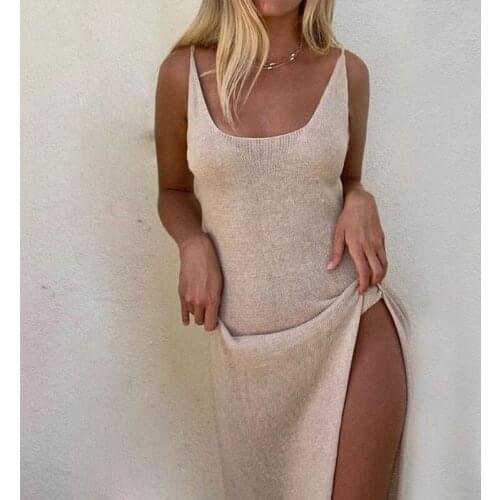Womens Ice Silk Sexy Backless Dress Sleeveless V-Neck Knitting Maxi Dresses 2021 Summer Vacation Beach Bodycon Lady Vestidos