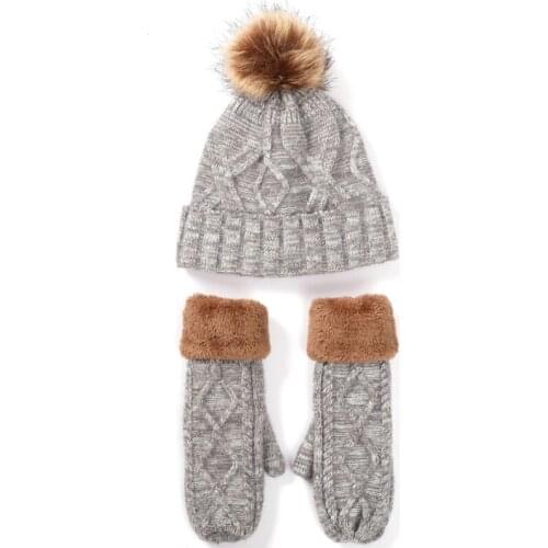 2 Pieces Women Winter Cable Knit Beanie Hat with Full Finger Gloves Mittens Set Thicken Thermal Plush Lined Pompom Skull Cap Ear