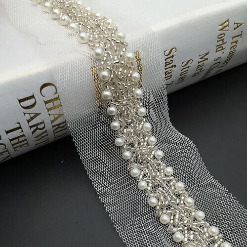2Yards White Beading Pearl Trims Beaded Ribbon For Sewing Wedding Clothing Collar Headdress Accessories Mesh Lace Decoration