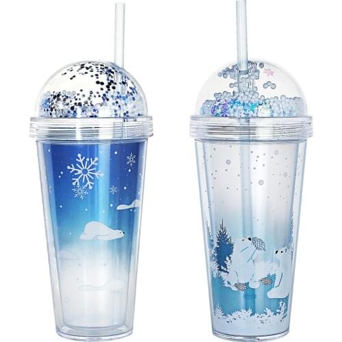420ML Water Bottles Straw Cup Double-layer Glitter with Round Cover Polar Bear Pattern Water Container