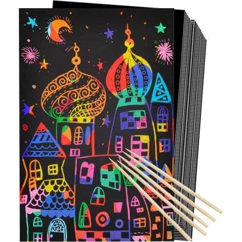 50Pcs Art Rainbow Scratch Paper Bamboo Stylus Set Scratch off Art Craft Supplies Kits for Kids for Fun DIY Toy Party Favors Game
