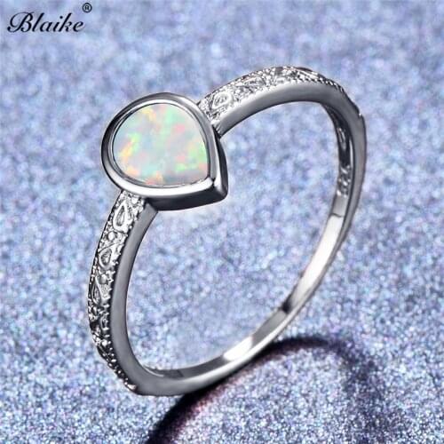 Blaike 925 Silver Jewelry White/Blue/Purple Opal Rings For Women Fashion Water Drop Birthstone Ring Gifts Wedding Jewelry