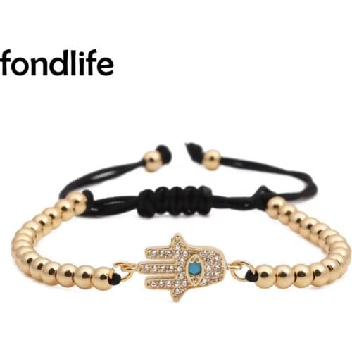 Shiny Cubic Zirconia Crystal Gold-plated Brass Hamsa Hand Blue Stone Evil Eye Bracelet Cord Macrame 4mm Copper beads Jewelry Her