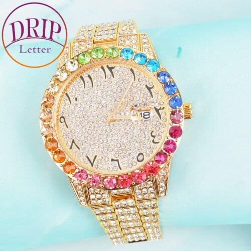 Colorful Rhinestone Business Waterproof Wrist Watches Mens Watch Round Dial Military Quartz Clock Luxury Big Relogio Masculino