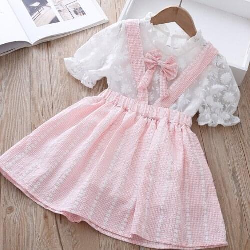 Girls clothing sets summer new girl lace bow t shirt and plaid skirts 2pcs set wholesale kids suits