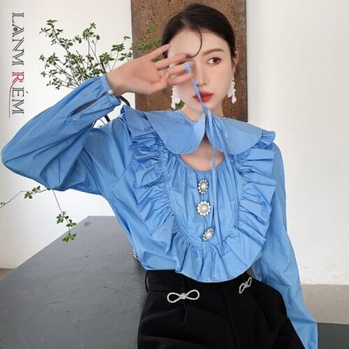 LANMREM Peter Pan Collar Shirt Long Sleeve Blue Chic Hollow Out Shirts For Women 2021 Summer Autumn Fashion Top Clothing 2C2237