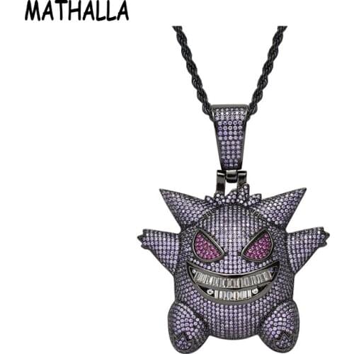 MATHALLA Large Pokemon Pendant Necklace Ice Colored AAA Zircon Gold Sparkling With Tennis Chain Fashion Men’s Jewelry Gifts
