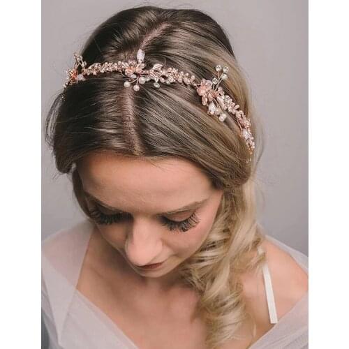 Fashion And Elegant Rose Gold Flower Crystal Pearl Hair Band Bridal Headdress Wedding Party Dress Accessories Hair Accessories