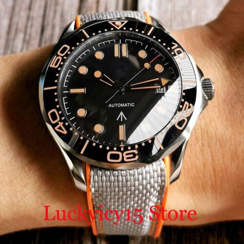 BLIGER Automatic Men Watch NH35A Glass Back Orange Mark Ruuber Bracelet Screwdown Crown Sapphire Glass Ceramic Insert
