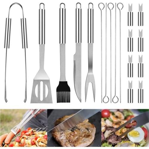 Behogar 18PCS Stainless Steel Complete BBQ Grill Barbecue Accessories Tools Set with Storage Bag for Camping Picnic Activities