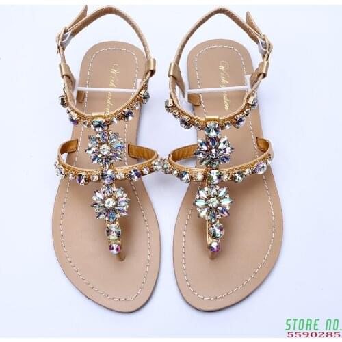 NEW summer Women`s beach sandals lady shining rhinestones shoes bohemia diamond T-strap thong flip flops comfortable Boho shoes